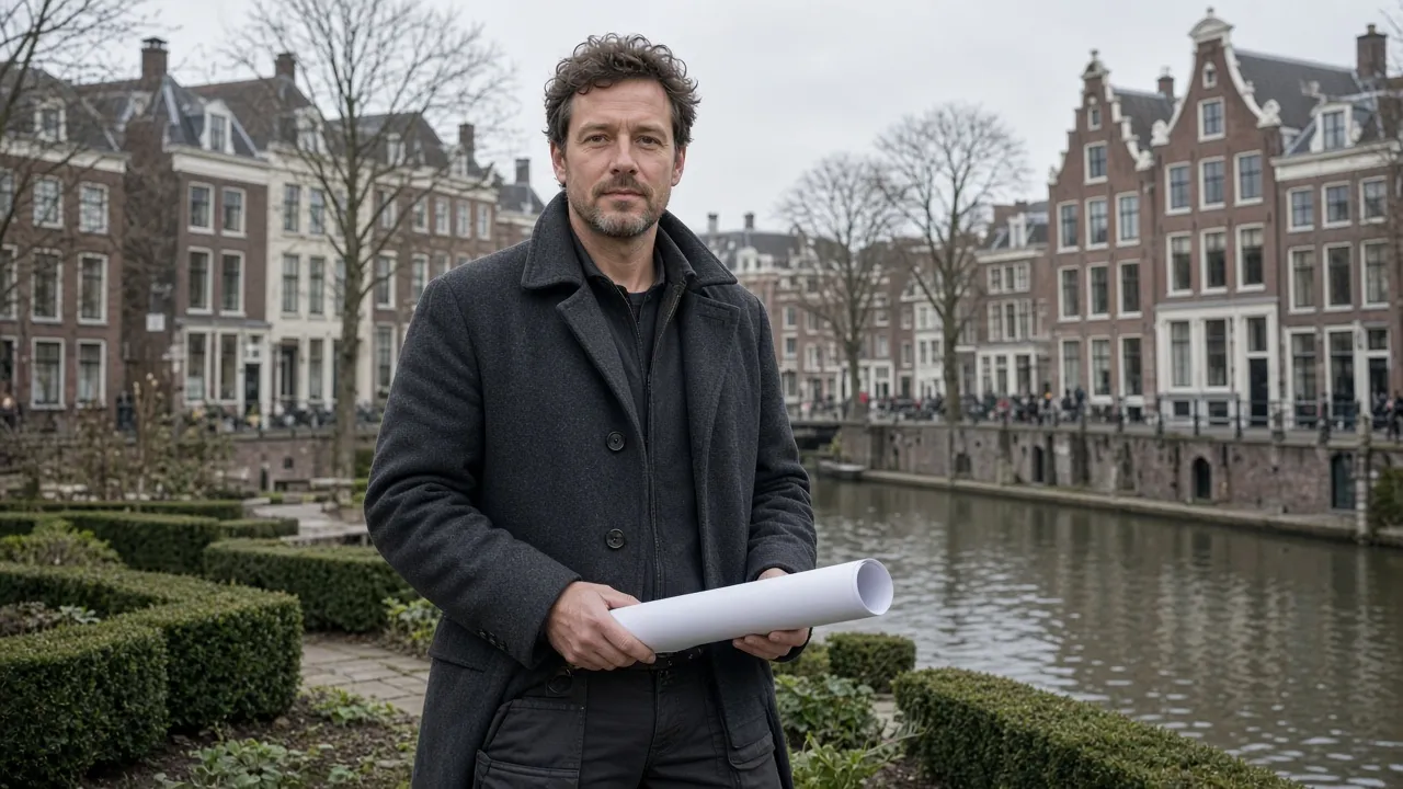 Ir. Jeroen van Leeuwen staat met een beplantingsplan in een stadstuin aan de Utrechtse gracht