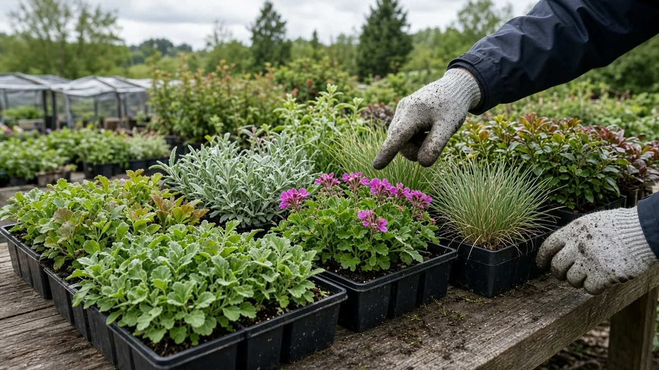Docent wijst sortiment aan op een kwekerijtafel tijdens de beplantingsles in Utrecht