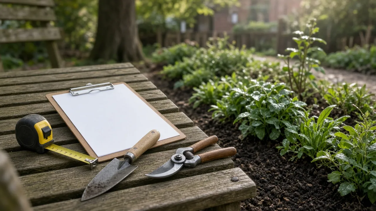 Meetlint en snoeischaar liggen klaar voor een hovenierschecklist in een Utrechtse tuin