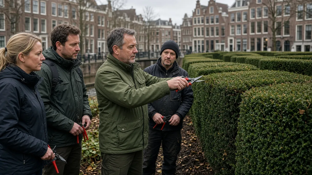 Docent demonstreert het snoeien van een taxushaag tijdens de hovenieropleiding in Utrecht