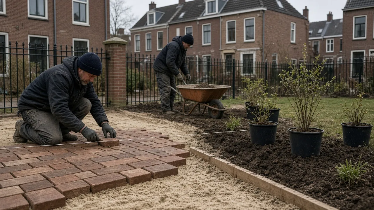 Stratenmakers zetten gebakken klinkers tijdens tuinaanleg in een stadstuin in Utrecht