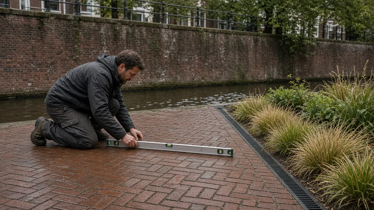 Hovenier controleert het afschot van een klinkerterras tijdens de bestratingsles in Utrecht