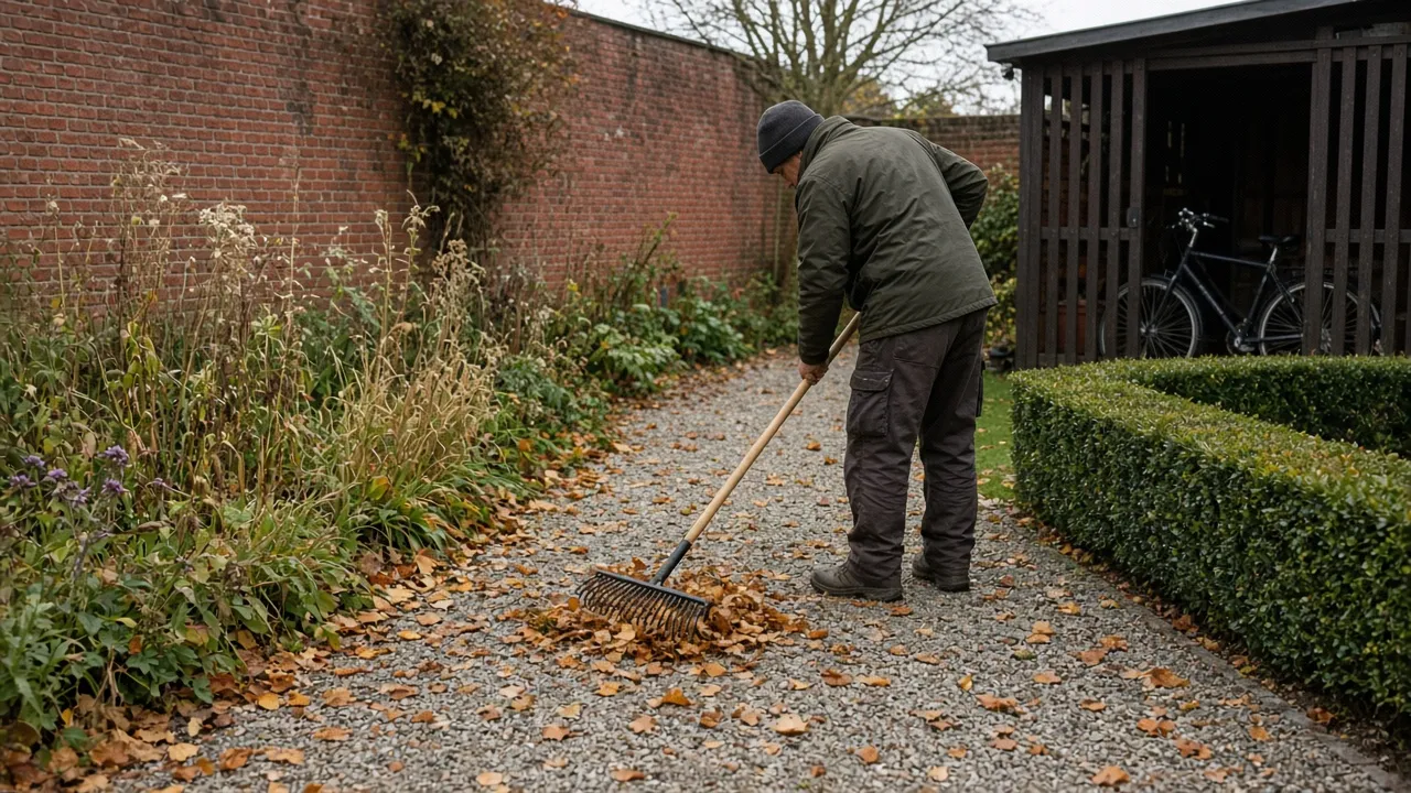 Hovenier harkt blad van een grindpad tijdens tuinonderhoud in een Utrechtse achtertuin