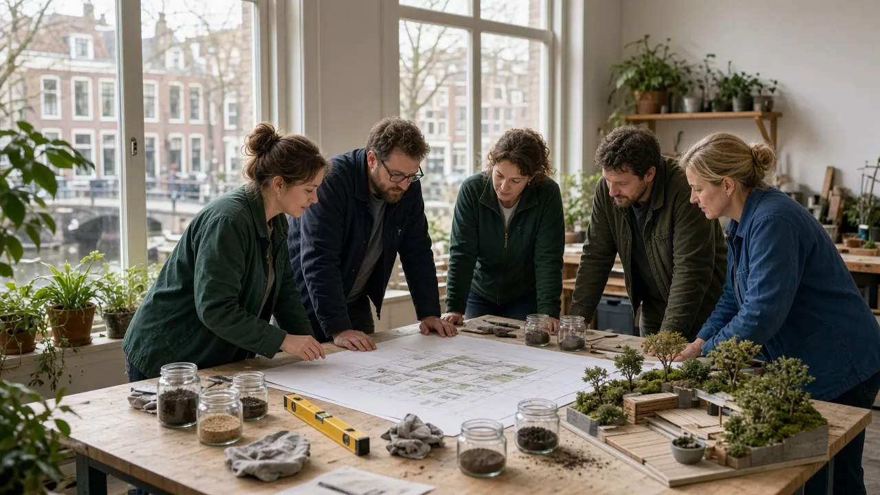 Cursisten bespreken een beplantingsplan tijdens de vakbekwaam hovenier cursus in Utrecht